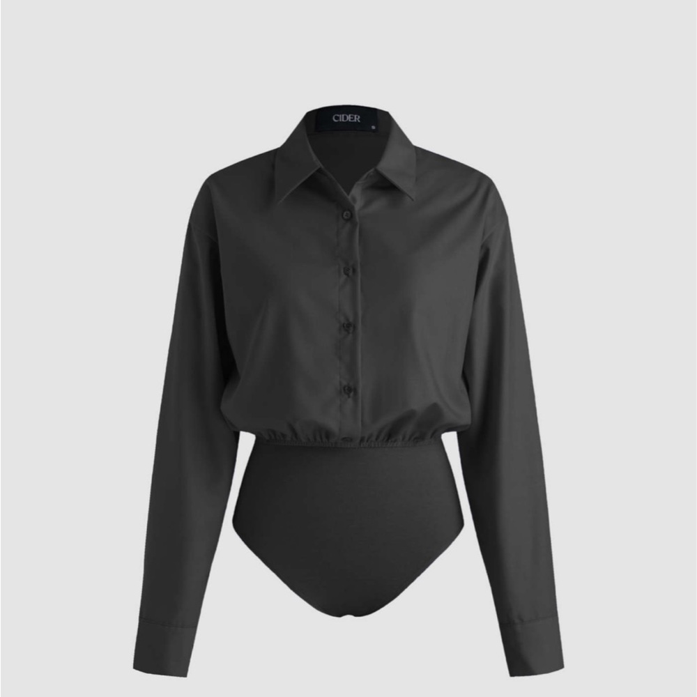 Collar Solid Button Long Sleeve Shirt Bodysuit - image 1